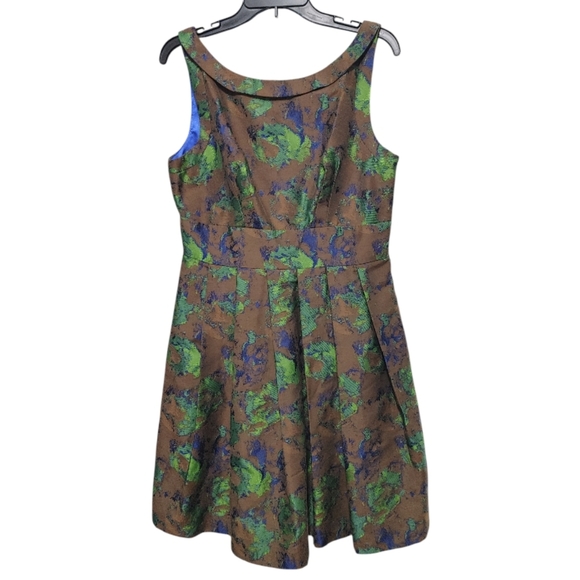 Eva Franco Brown Green Abstract Sleeveless Fit & Flare Mini Dress Womens Size 12 - Picture 8 of 8